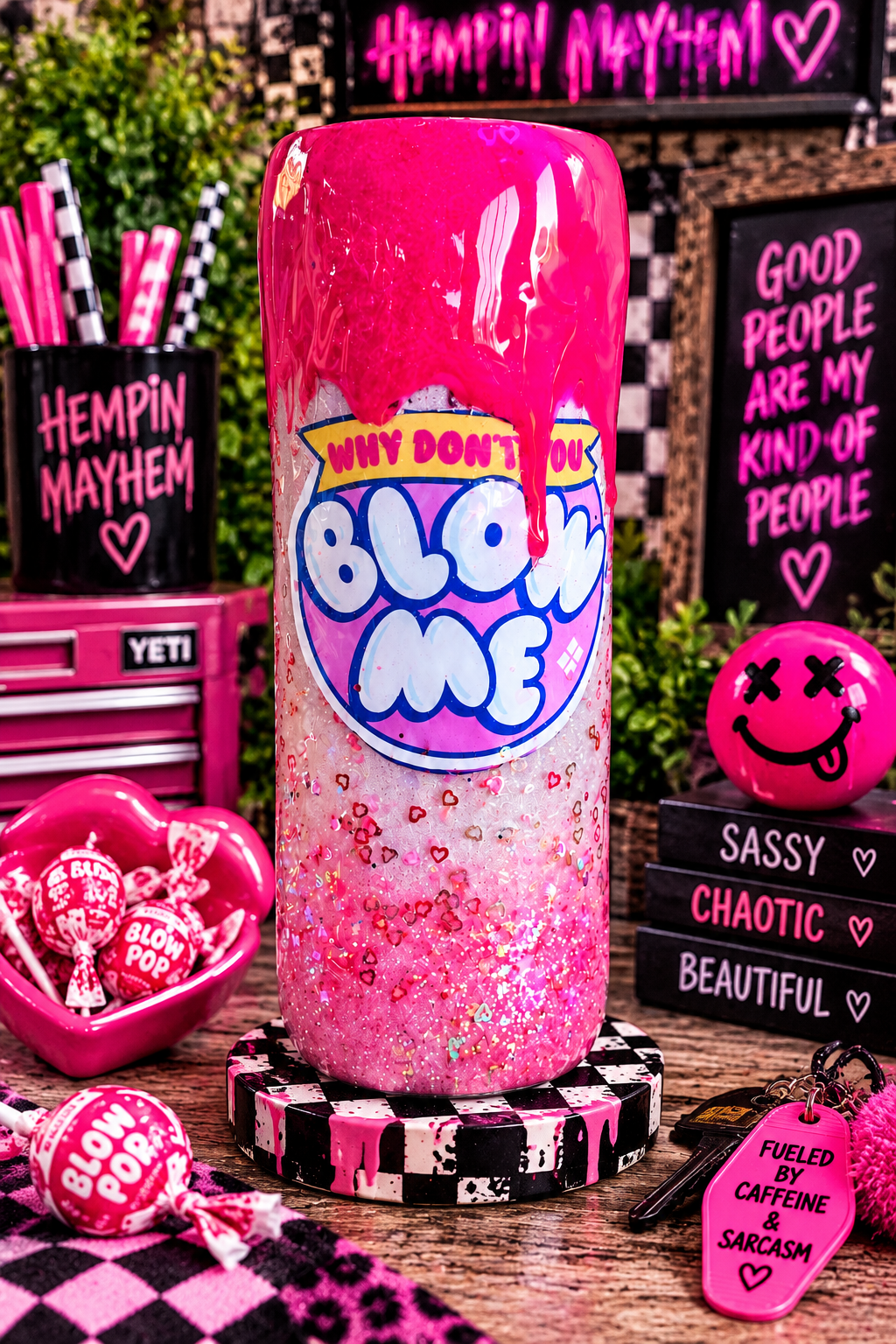 Funny Bubble Gum Wrapper Tumbler: Hot Pink Glitter Drip Epoxy Cup