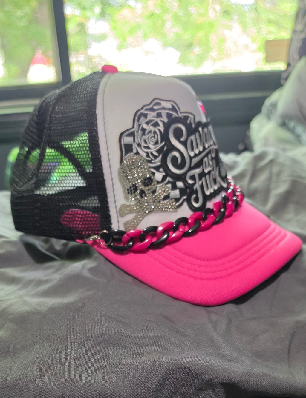 Savage As F*** Trucker Hat – Pink Black & White Snapback with Hat Chain, Sassy Patch Hat, Edgy Biker Babe Cap
