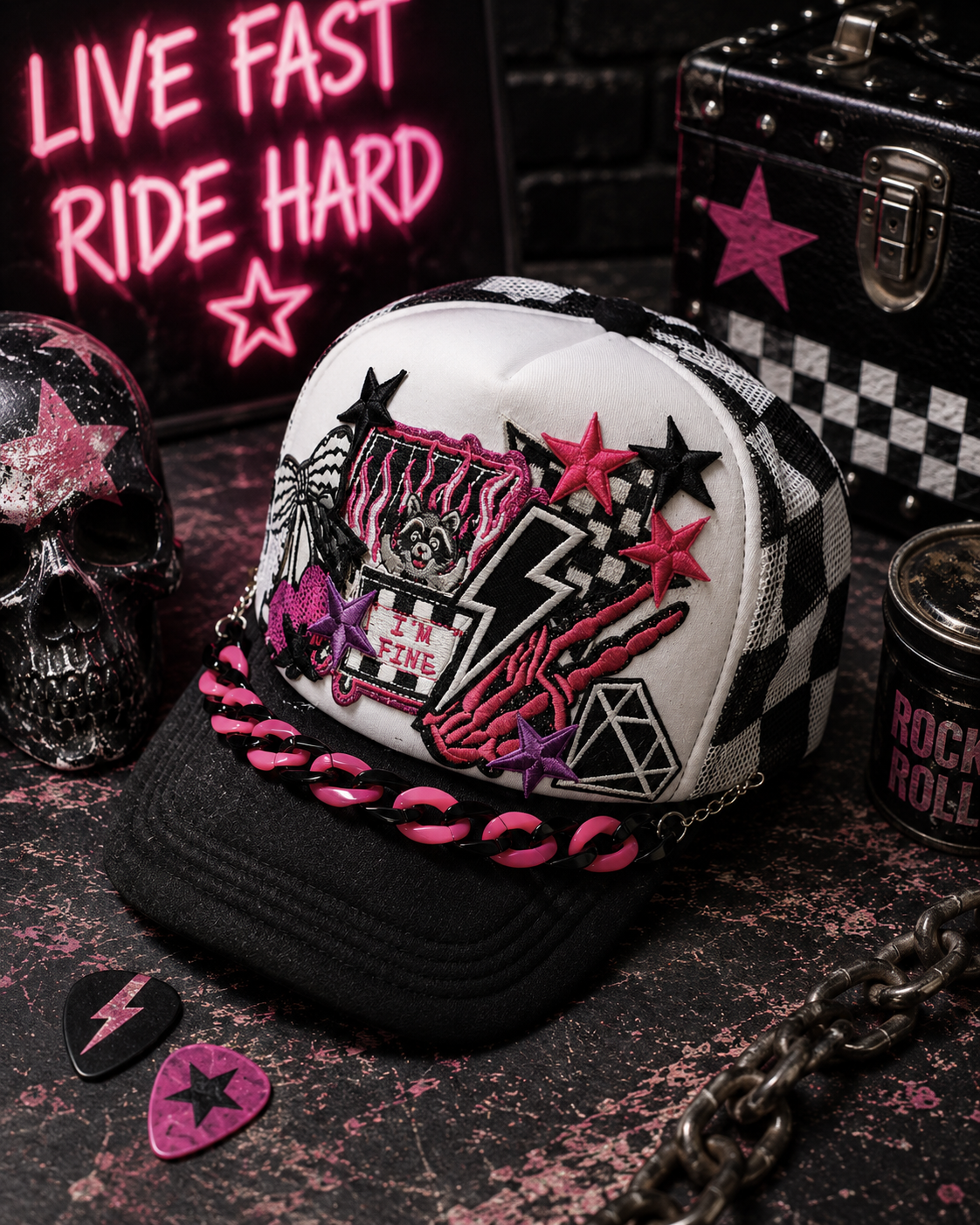 I’m Fine Raccoon Trucker Hat – Black & White Checkered Snapback, Funny Emo Streetwear Cap, Gothic Grunge Alternative Hat