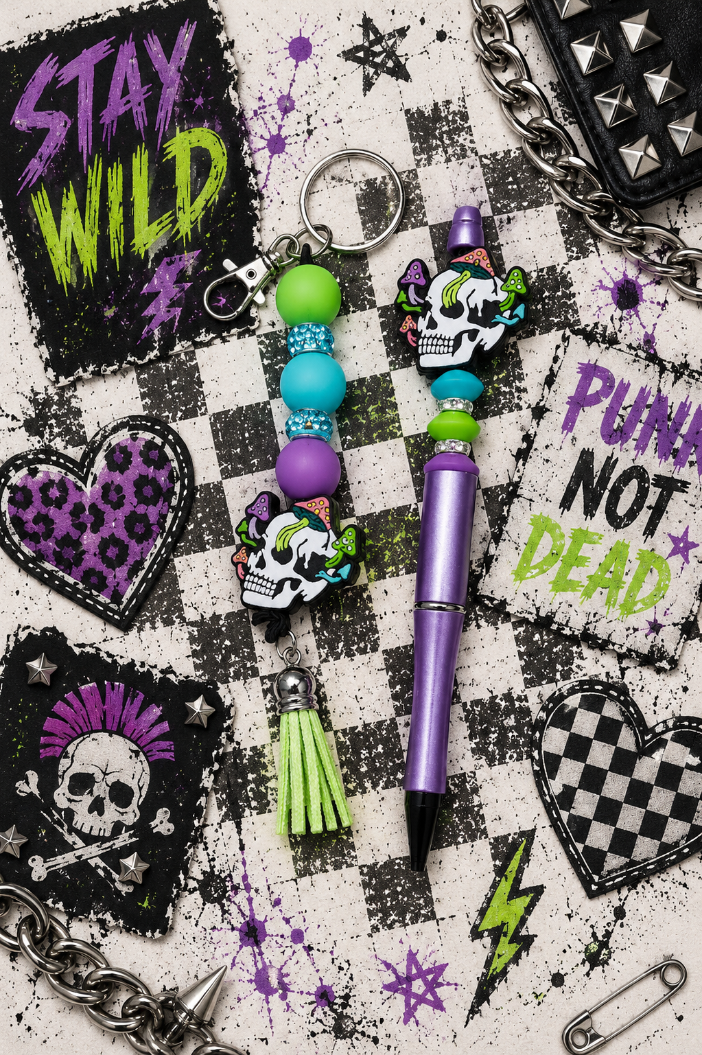 Skull Mushroom Beaded Keychain, Pen & Sticker Gift Set | Gothic Cute Handmade Gift | Alt Aesthetic Stationery Set | Spooky Gift for Her