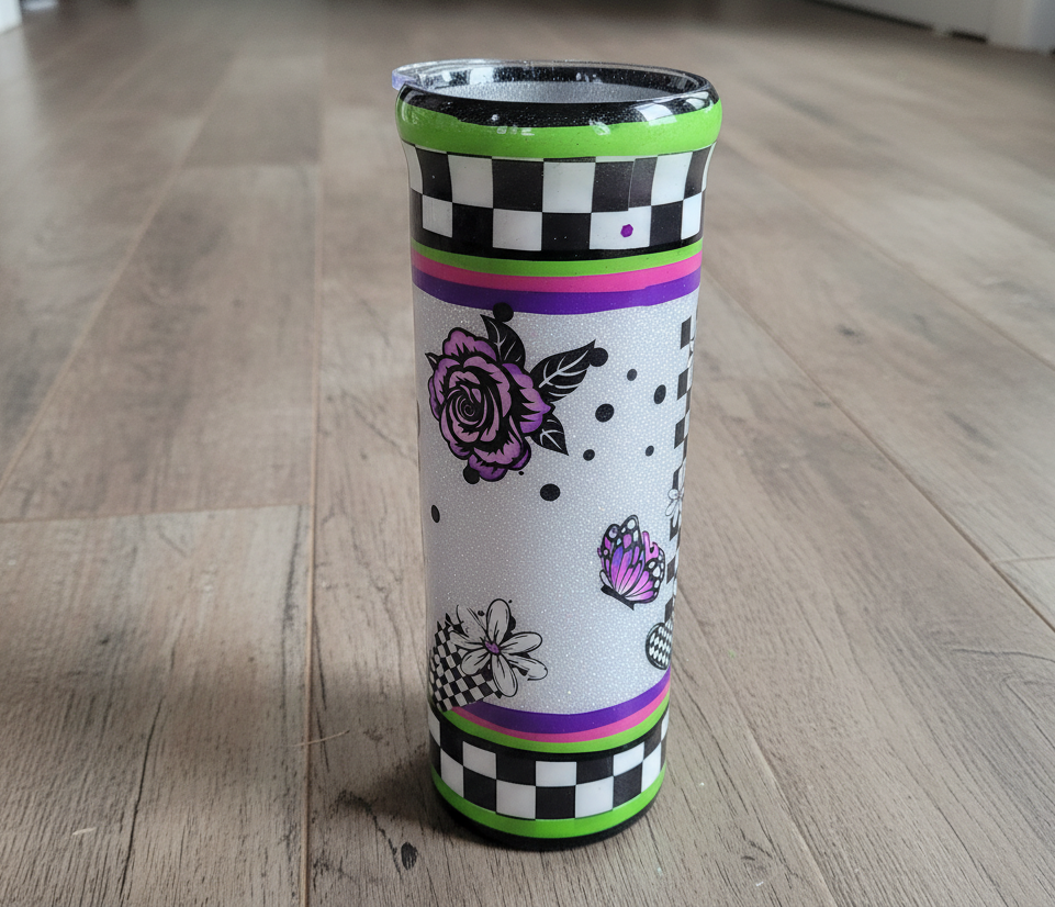 Morning Vibes Checkered Tumbler 20oz Stainless Steel Epoxy Cup, Green Purple Black Silver Glitter Coffee Cup, Funny Sassy Drinkware