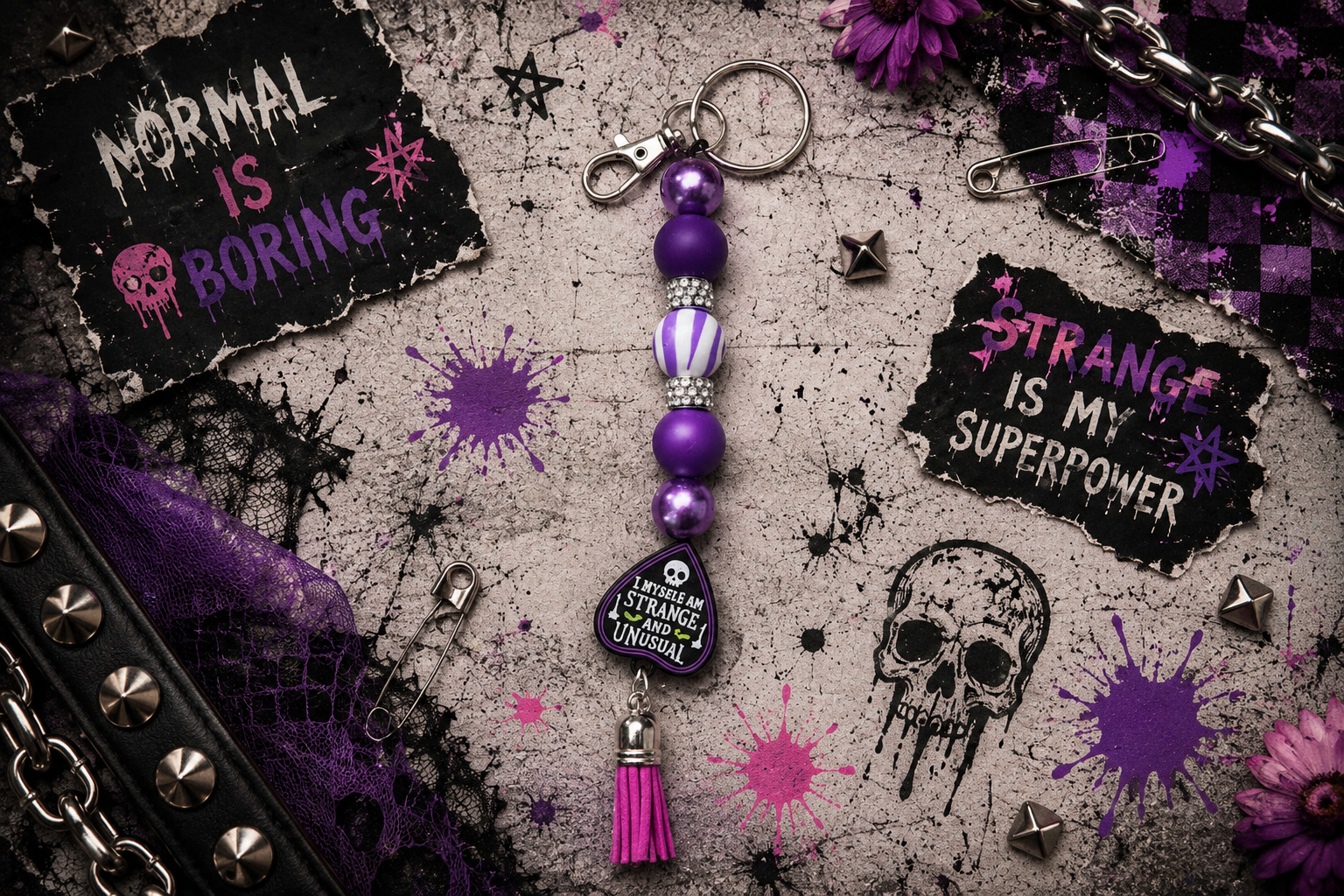 Strange & Unusual Gothic Beaded Keychain | Ouija Planchette Charm | Spooky Keychain | Goth Gift | Creepy Cute Accessory