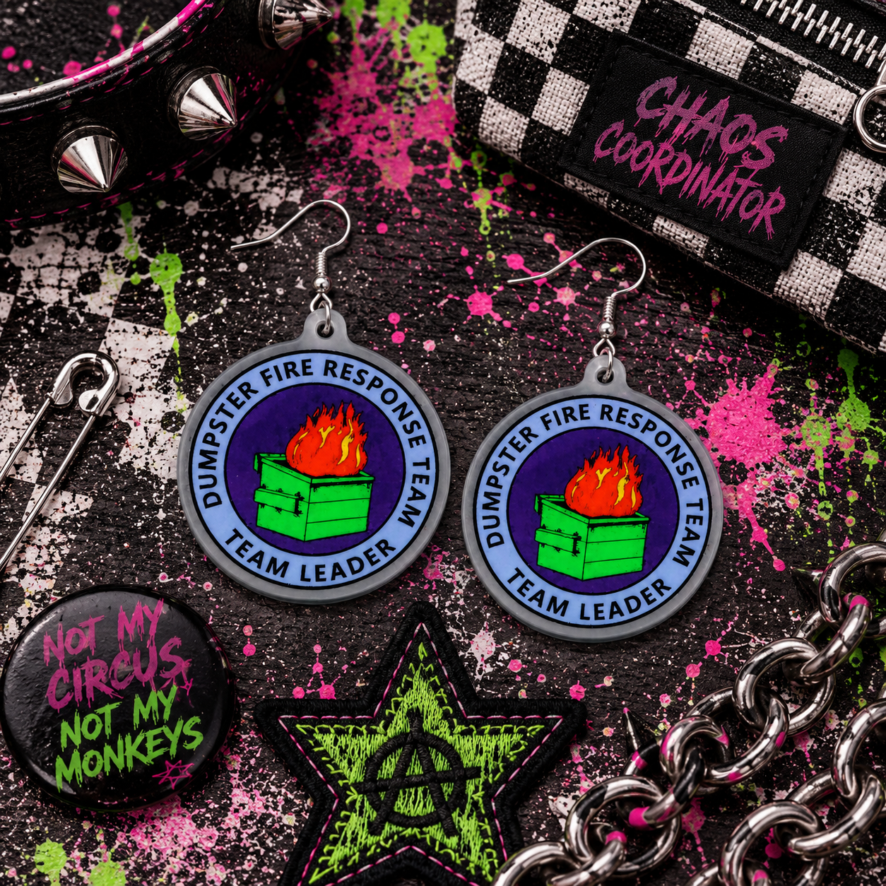 Dumpster Fire Response Team Earrings | Funny Dumpster Fire Dangle Earrings | Handmade Acrylic Statement Jewelry
