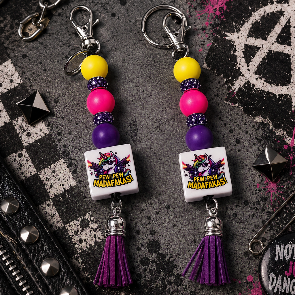 Pew Madafacka Unicorn Keychain – Funny Magical Beaded Charm with Savage Attitude