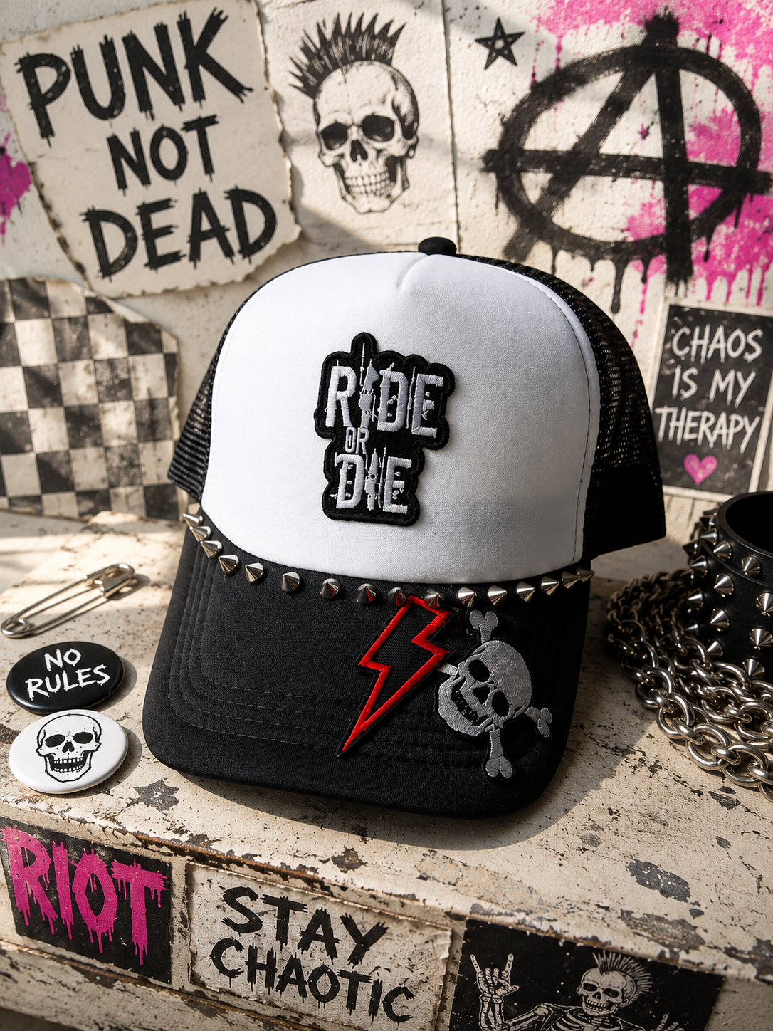 Ride or Die Studded Trucker Hat | Punk Rock Snapback Hat | Black & White Mesh Hat | Handmade Biker Hat | Western Goth Festival Cap | Alternative Streetwear