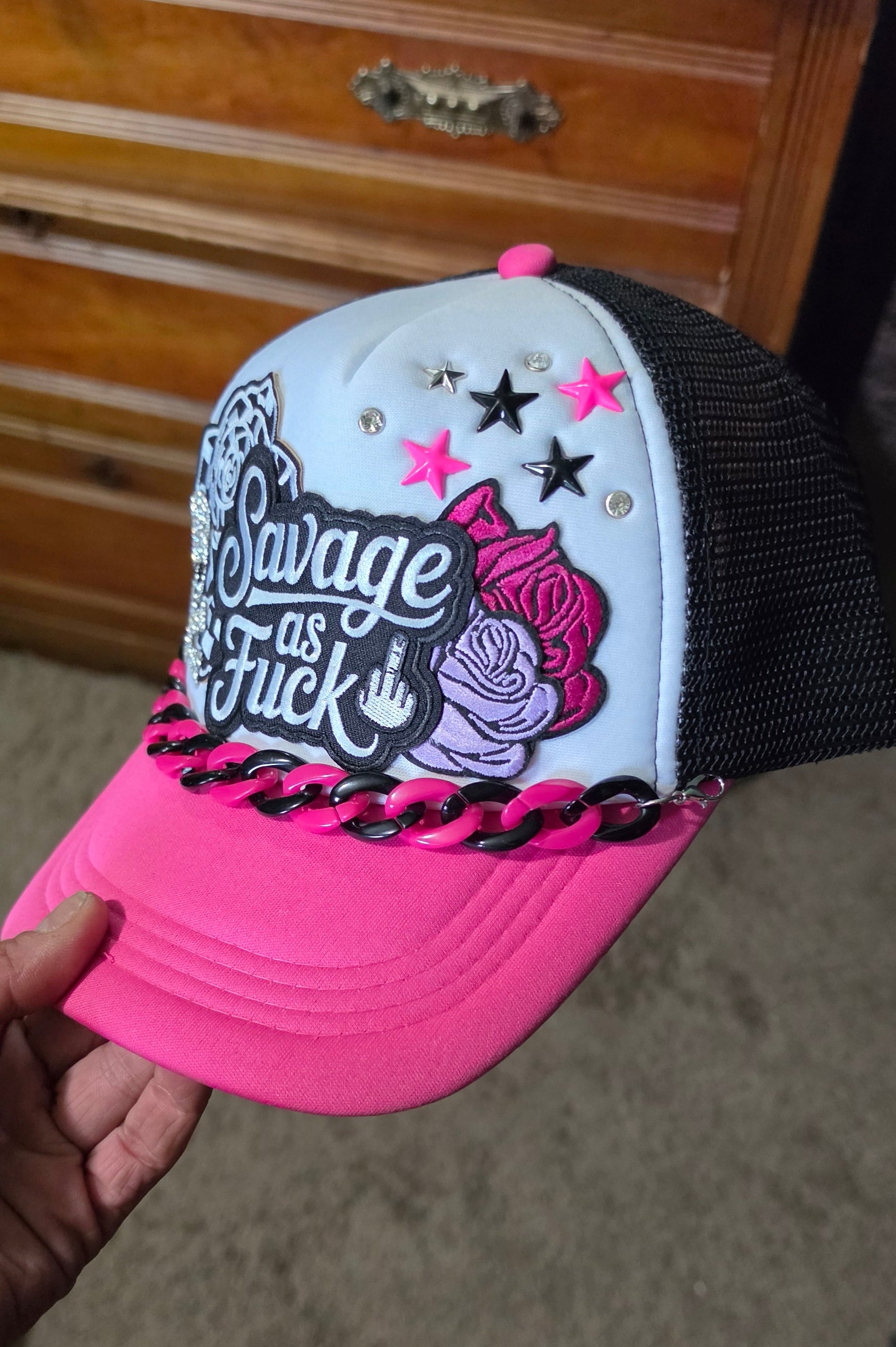 Savage As F*** Trucker Hat – Pink Black & White Snapback with Hat Chain, Sassy Patch Hat, Edgy Biker Babe Cap