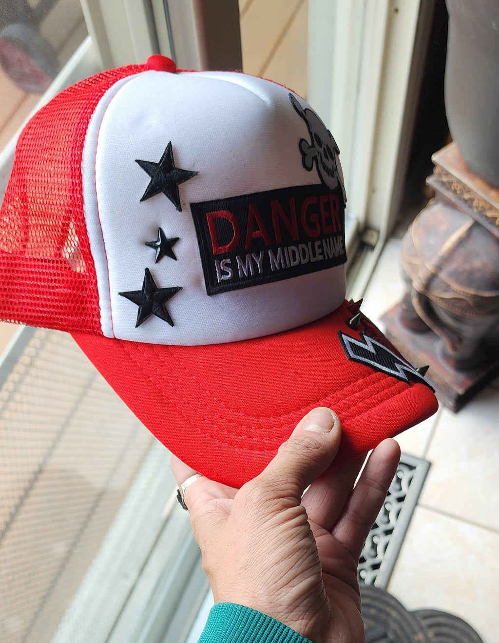 Danger Is My Middle Name Trucker Hat – Red & White Patch Snapback, Edgy Graphic Trucker Cap, Retro Western Biker Hat