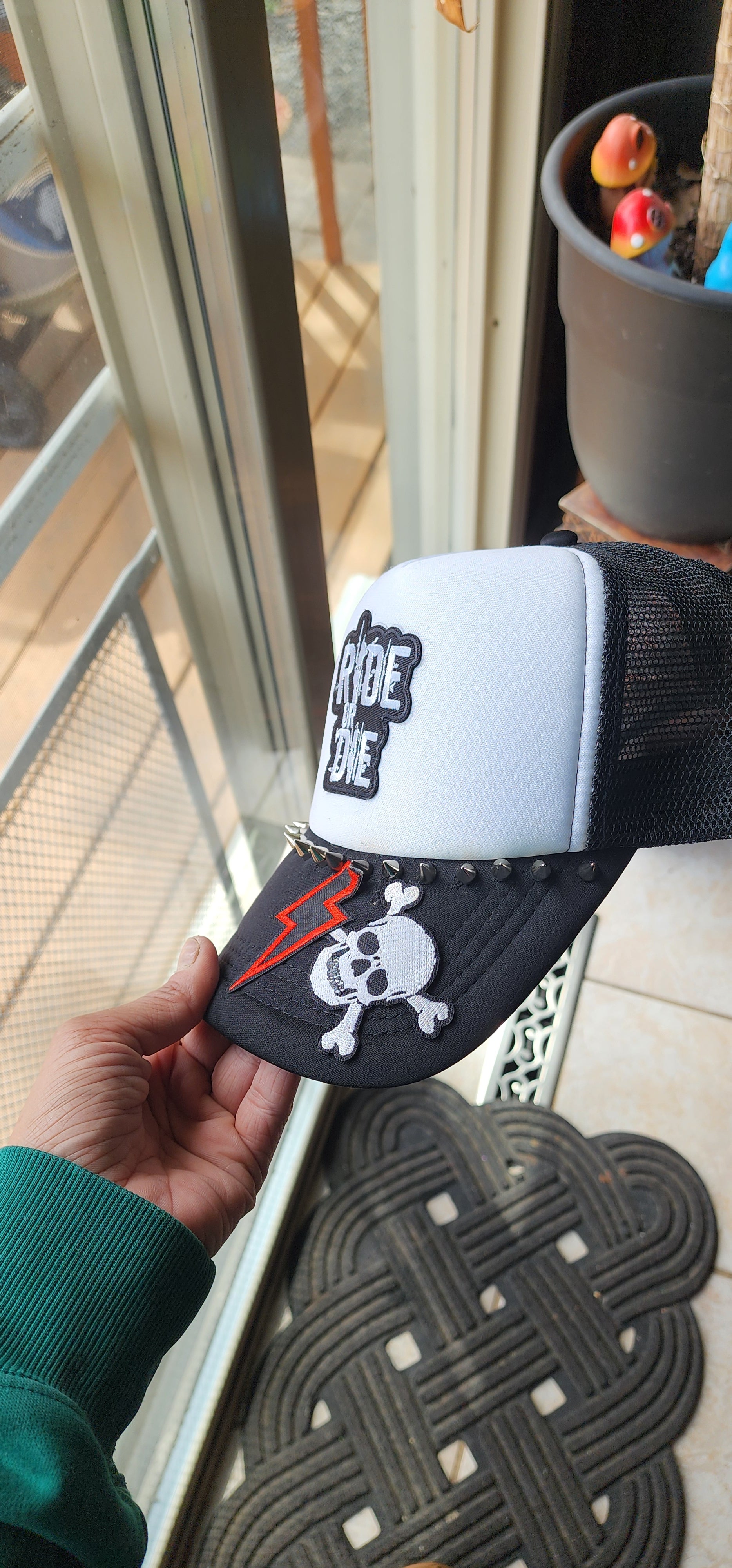 Ride or Die Trucker Hat – Black & White Studded Patch Hat, Edgy Snapback Cap, Biker Western Graphic Trucker Hat