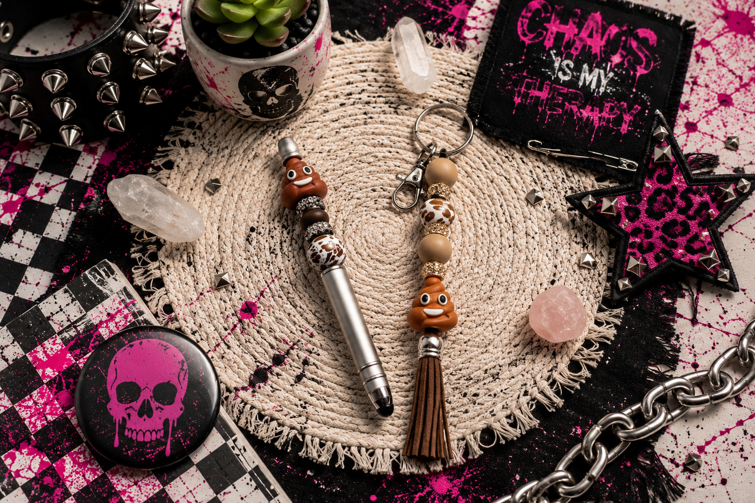 Funny Poop Emoji Gift Set | Handmade Beaded Keychain, Pen & Sticker | Hempin Mayhem