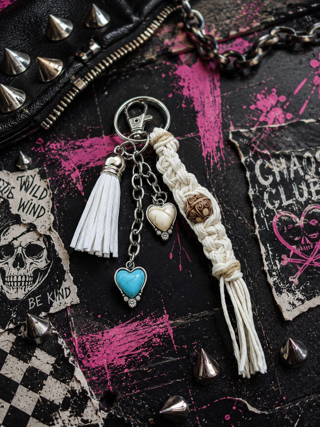 Handmade Hemp Mini Keychain with Tassel & Charms | Boho Eco-Friendly Bag Charm