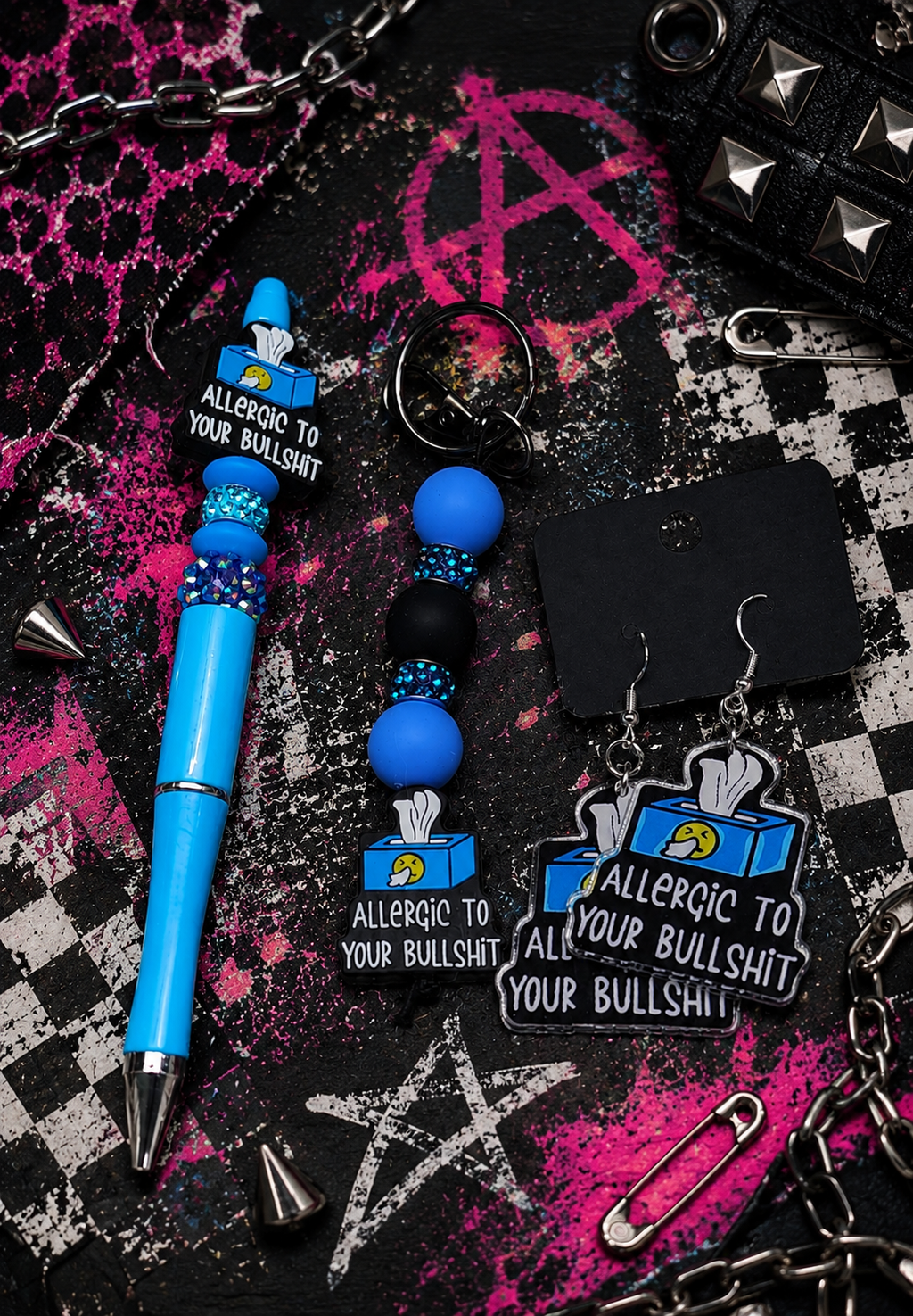 Allergic to Your Bullshit Gift Set | Funny Gift Set | Sassy Earrings, Keychain, Pen & Waterproof Stickers | Handmade Sarcastic Gift