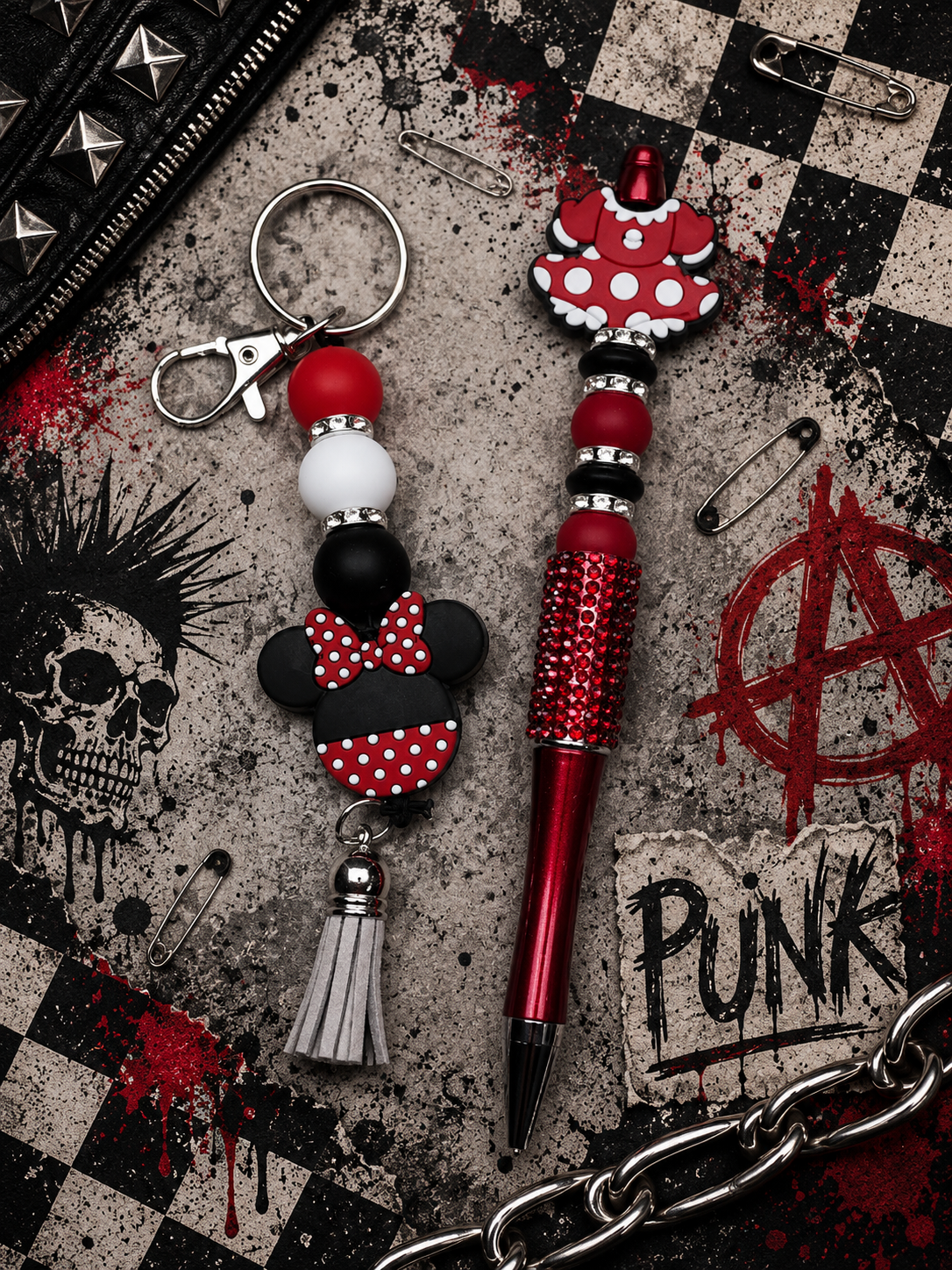 Red, Black & White Beaded Gift Set | Handmade Keychain, Pen & Sticker | Hempin Mayhem