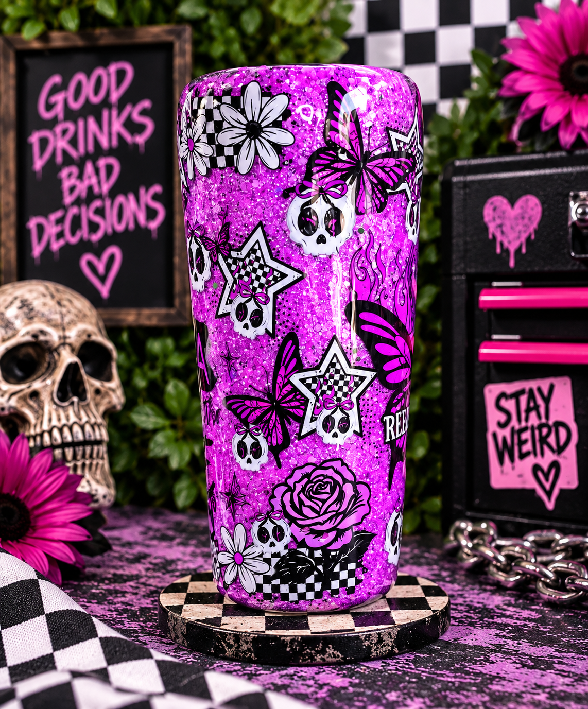 Purple Skull Butterfly Tumbler, 20oz Glitter Epoxy Tumbler, Karma Quote Cup, Spooky Alternative Drinkware, Gothic Gift, Handmade Tumbler