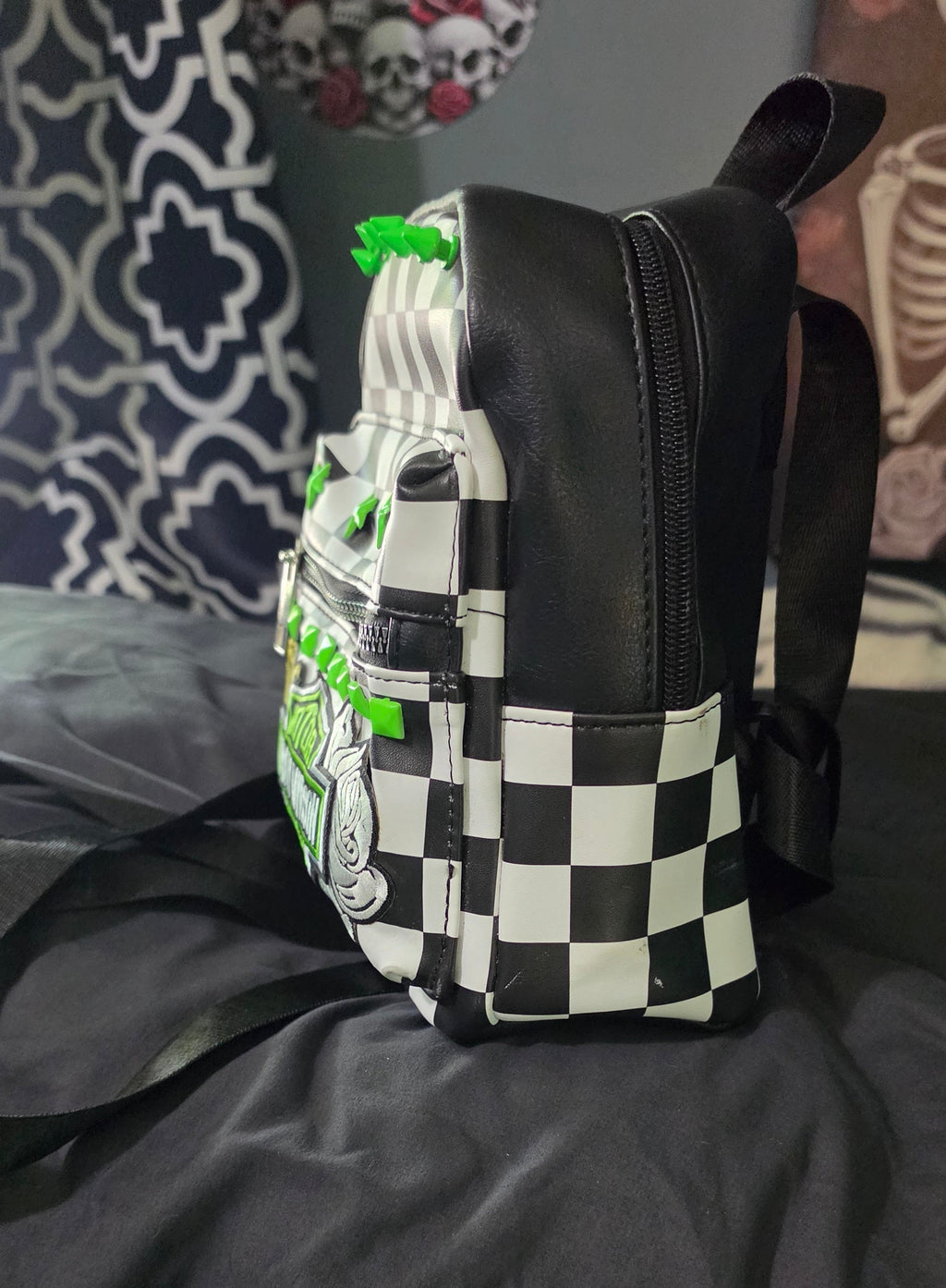 Neon Green Checkered Mini Backpack with Patch | Punk Rock Backpack | Studded Black & White Checker Bag | Alternative Goth Mini Backpack | Handmade Backpack