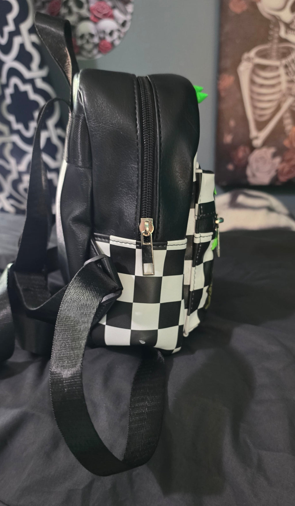 Neon Green Checkered Mini Backpack with Patch | Punk Rock Backpack | Studded Black & White Checker Bag | Alternative Goth Mini Backpack | Handmade Backpack