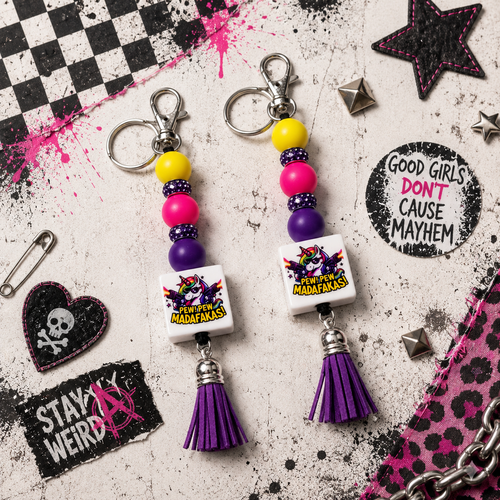 Two matching keychains with purple and pink beads, a white square charm printed with 'Madalena's Madalenas', and purple tassels, arranged on a distressed white background with punk-style accessories.