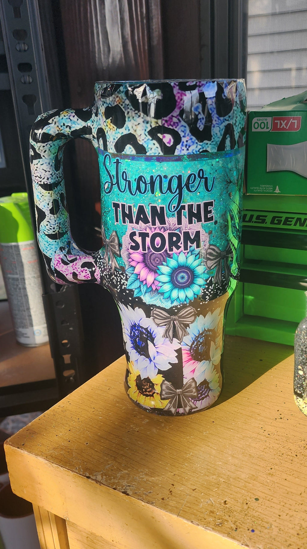 Stronger Than the Storm 40oz Sunflower Tumbler – Turquoise Glitter Epoxy Cup, Inspirational Stainless Steel Handle Tumbler