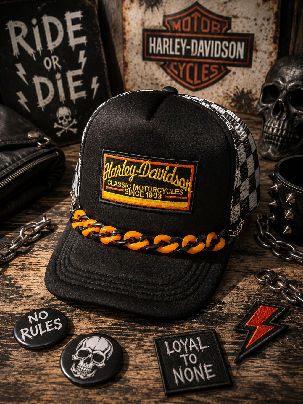 Biker Trucker Hat – Edgy Snapback Cap, Motorcycle Inspired Streetwear Hat, Checkered Western Style Mesh Hat