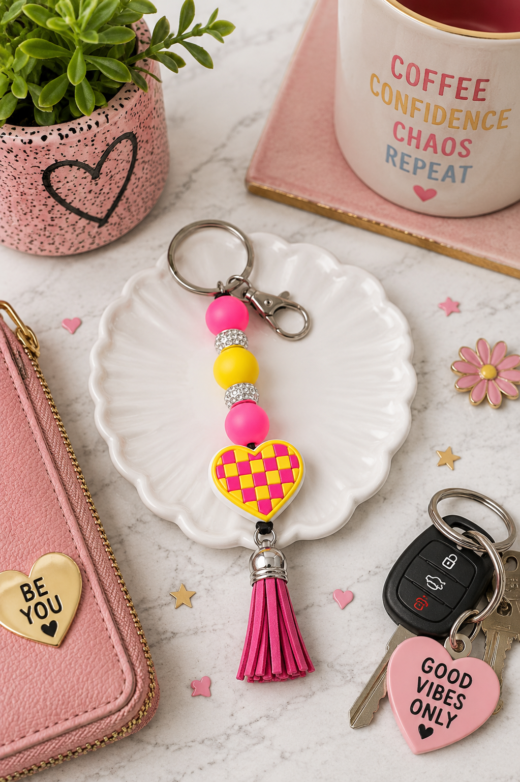 Checkered Heart Beaded Keychain | Handmade Retro Keychain | Cute Backpack & Purse Charm Gift
