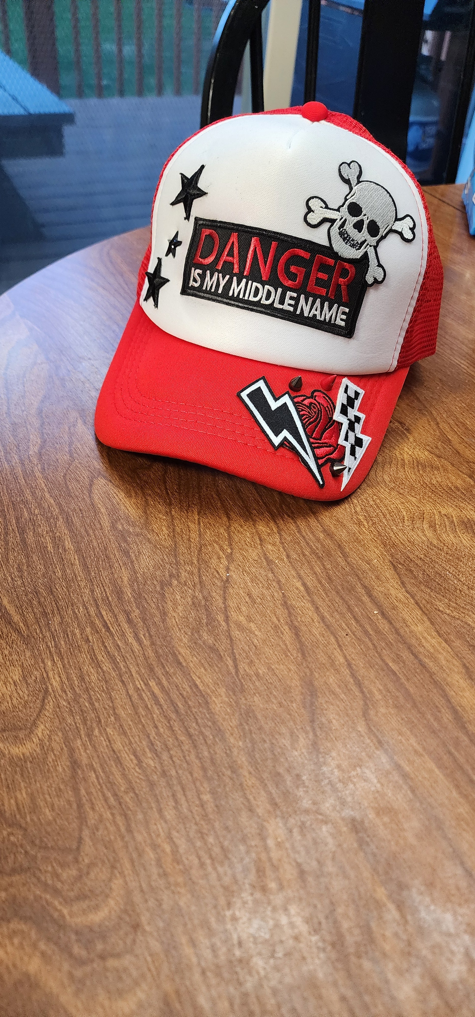 Danger Is My Middle Name Trucker Hat – Red & White Patch Snapback, Edgy Graphic Trucker Cap, Retro Western Biker Hat