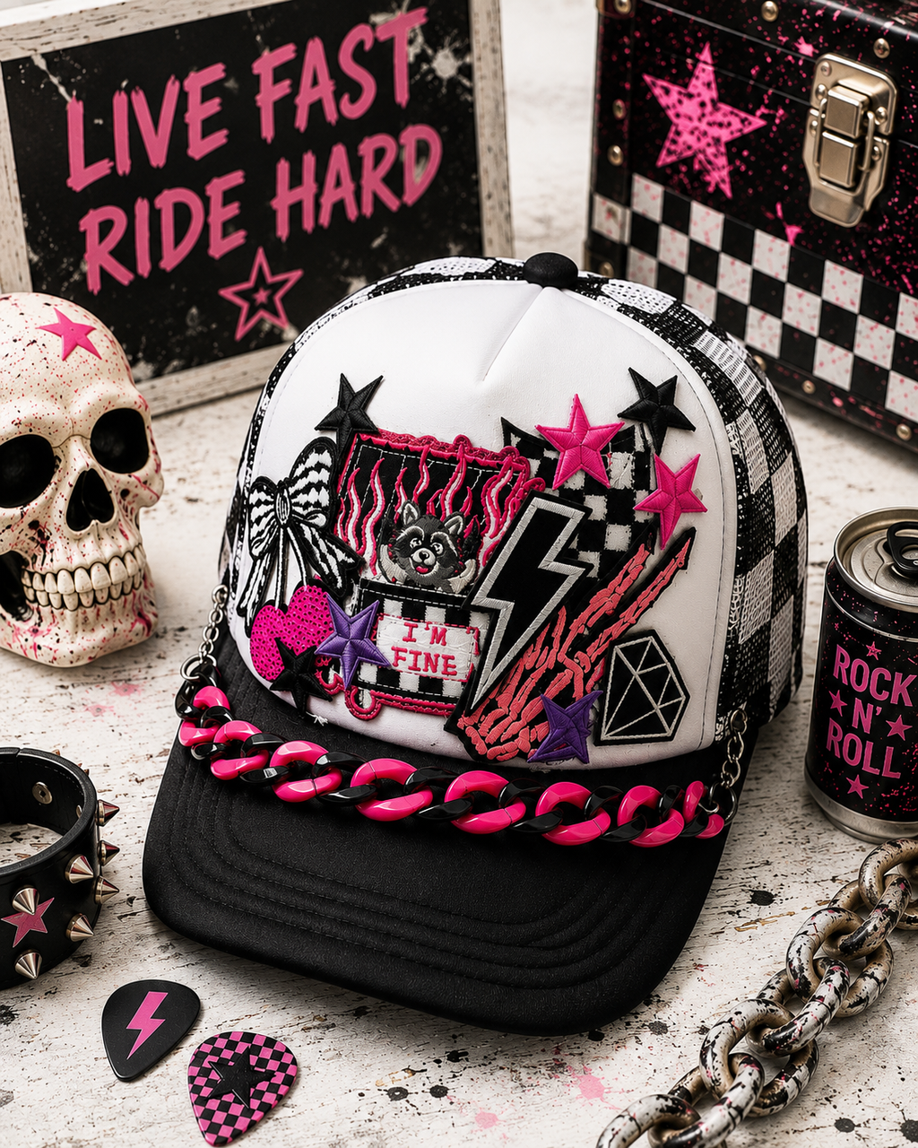 I’m Fine Raccoon Trucker Hat – Black & White Checkered Snapback, Funny Emo Streetwear Cap, Gothic Grunge Alternative Hat
