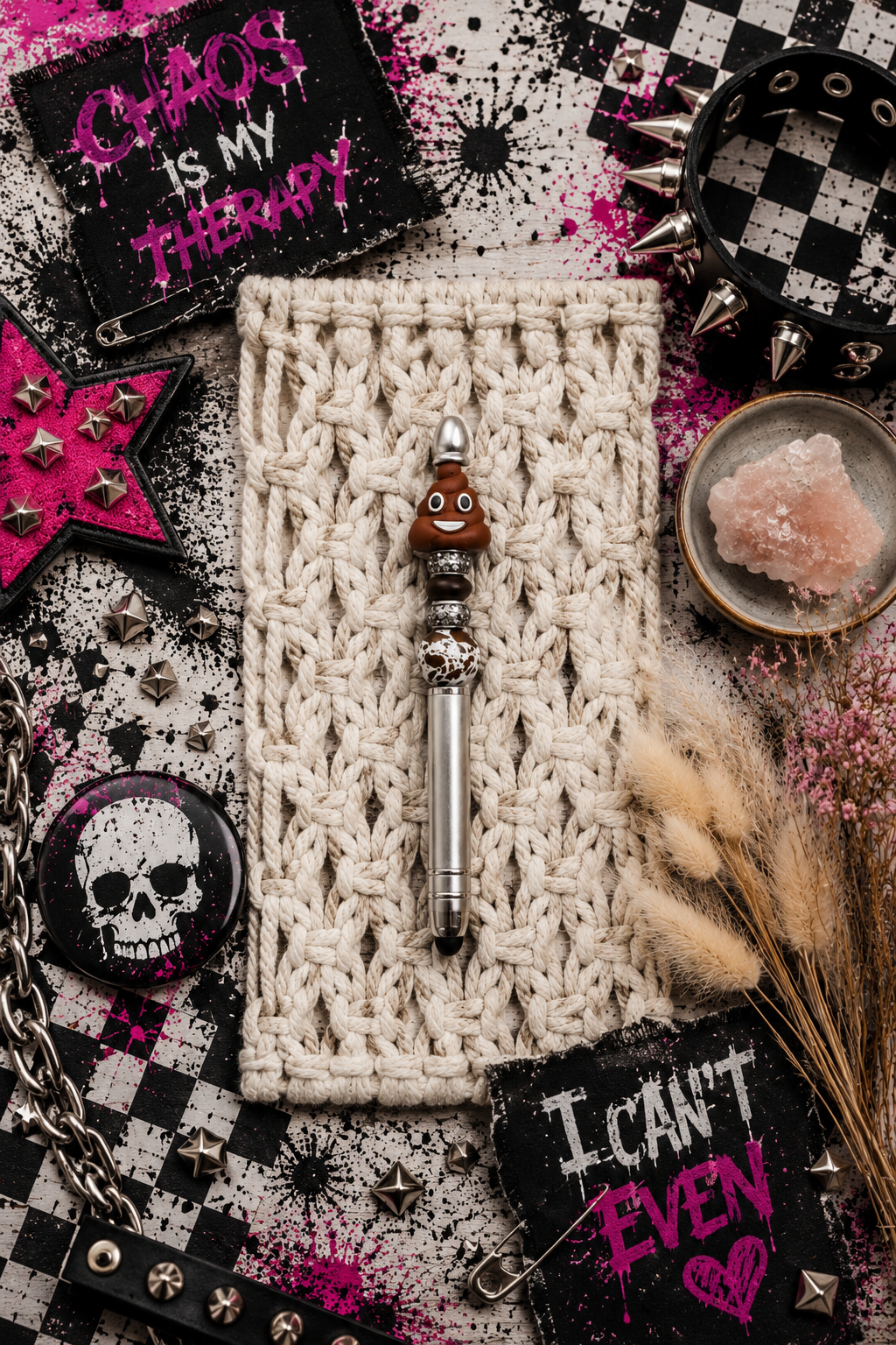 Funny Poop Emoji Gift Set | Handmade Beaded Keychain, Pen & Sticker | Hempin Mayhem