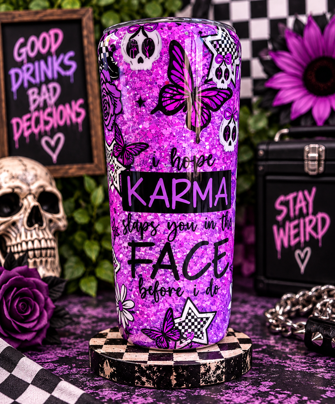 Purple Skull Butterfly Tumbler, 20oz Glitter Epoxy Tumbler, Karma Quote Cup, Spooky Alternative Drinkware, Gothic Gift, Handmade Tumbler