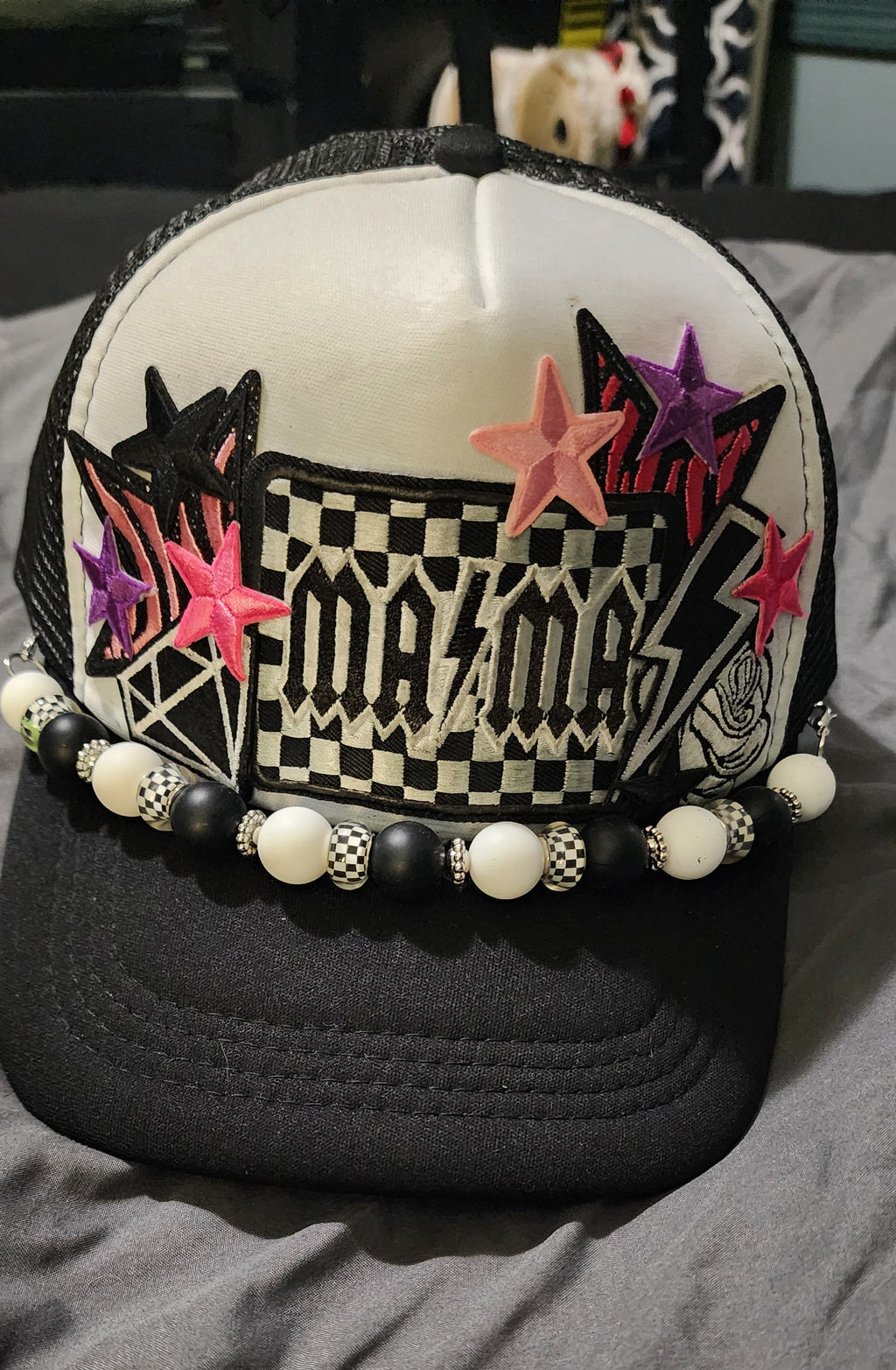 Checkered MAMA Trucker Hat – Retro Vibes Patch Snapback, Black & White Mom Hat, Trendy Checkered Trucker Cap