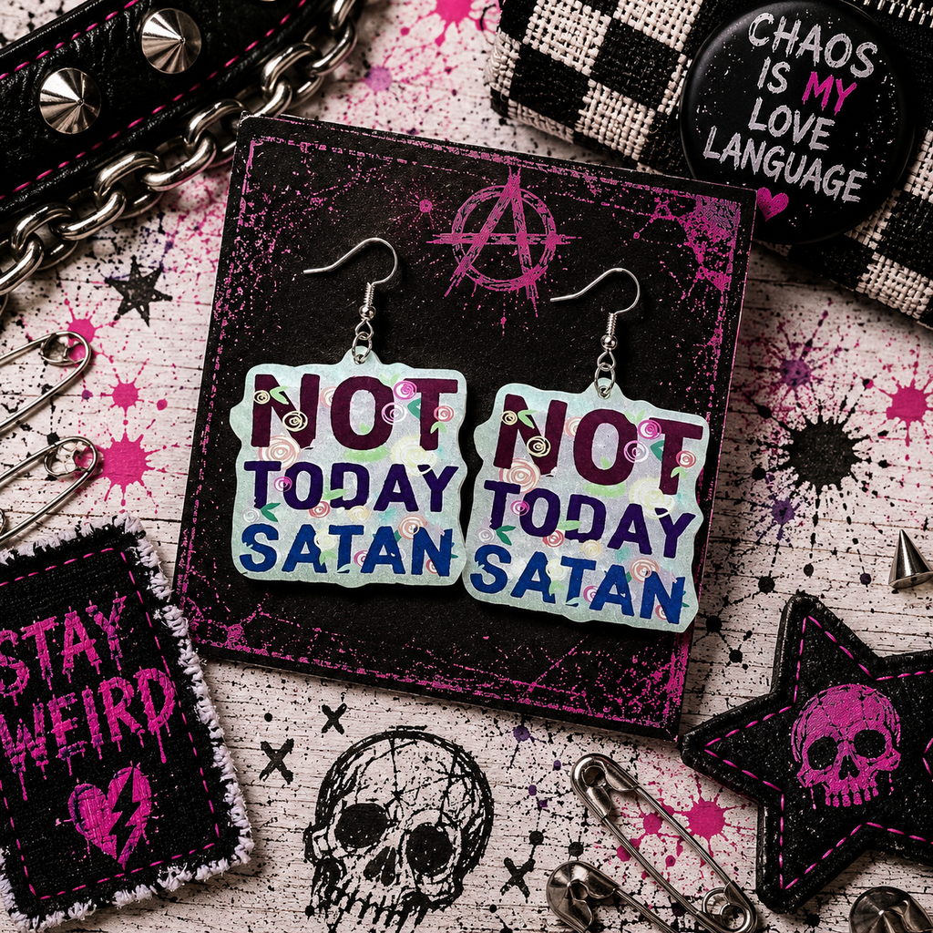 White Pink and Blue Not Today Satan Earrings: Handmade Gothic Witchy Jewelry