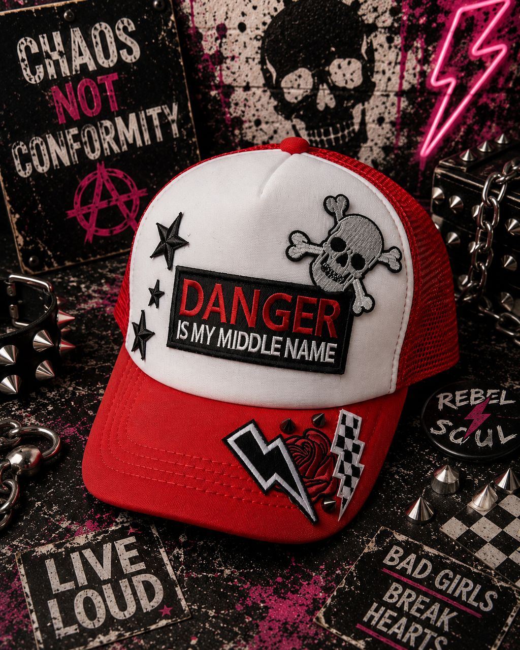 Danger Is My Middle Name Trucker Hat – Red & White Patch Snapback, Edgy Graphic Trucker Cap, Retro Western Biker Hat