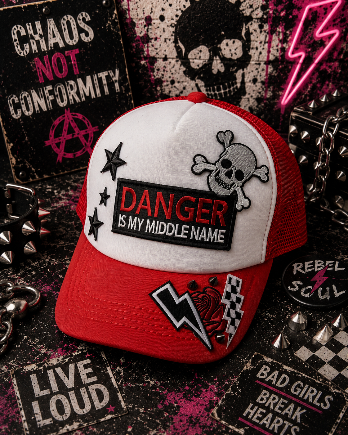 Danger Is My Middle Name Trucker Hat – Red & White Patch Snapback, Edgy Graphic Trucker Cap, Retro Western Biker Hat