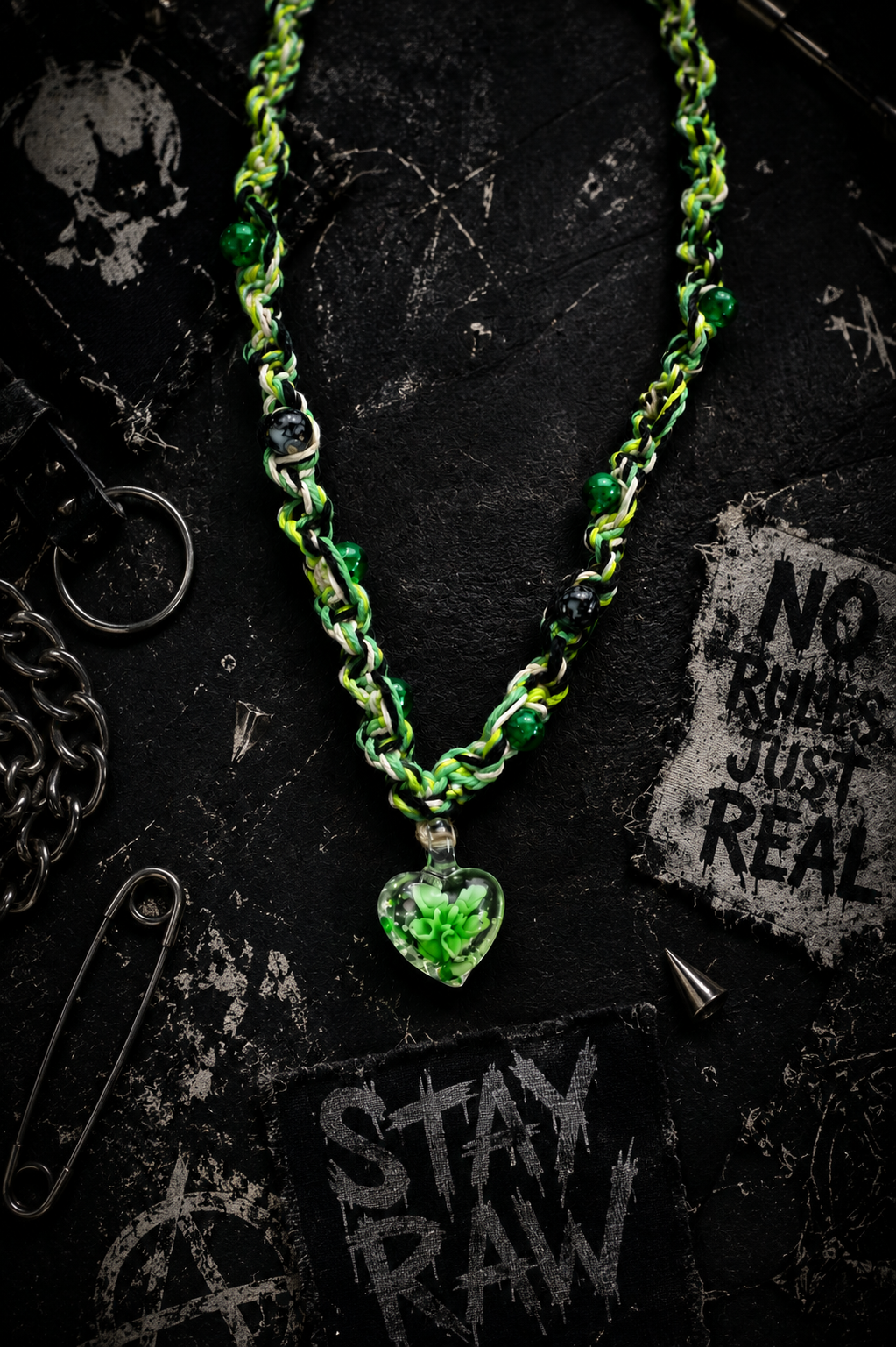 Green Black White & Tan Hemp Necklace – Handmade Boho Hemp Jewelry with Blown Glass Heart Pendant