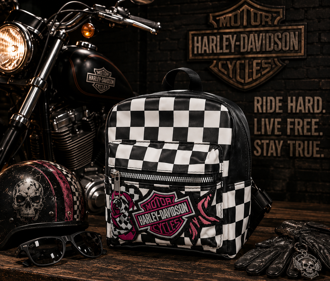 Pink Embroidered Patch Checkered Backpack Purse | Black & White Checkerboard Mini Backpack | Biker-Inspired Bag | Punk Rock Backpack Purse | Alternative Fashion Bag