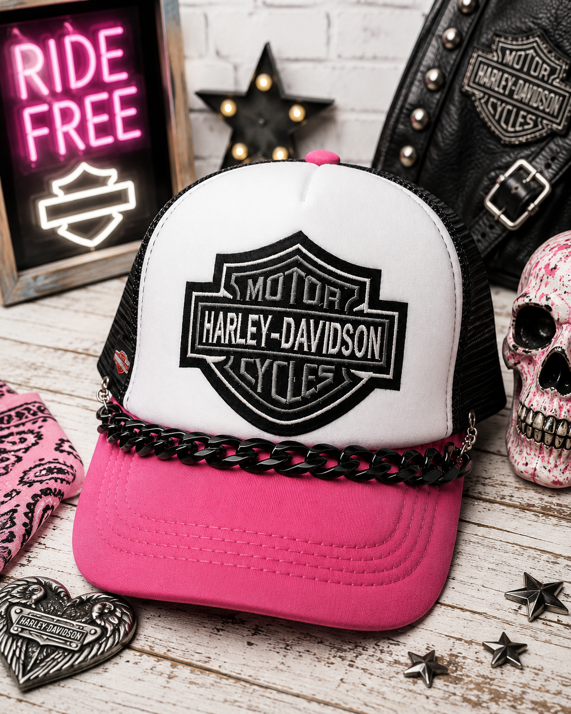 Pink Black & White Checkered Trucker Hat with Hat Chain – Edgy Snapback Cap, Biker Inspired Streetwear Hat