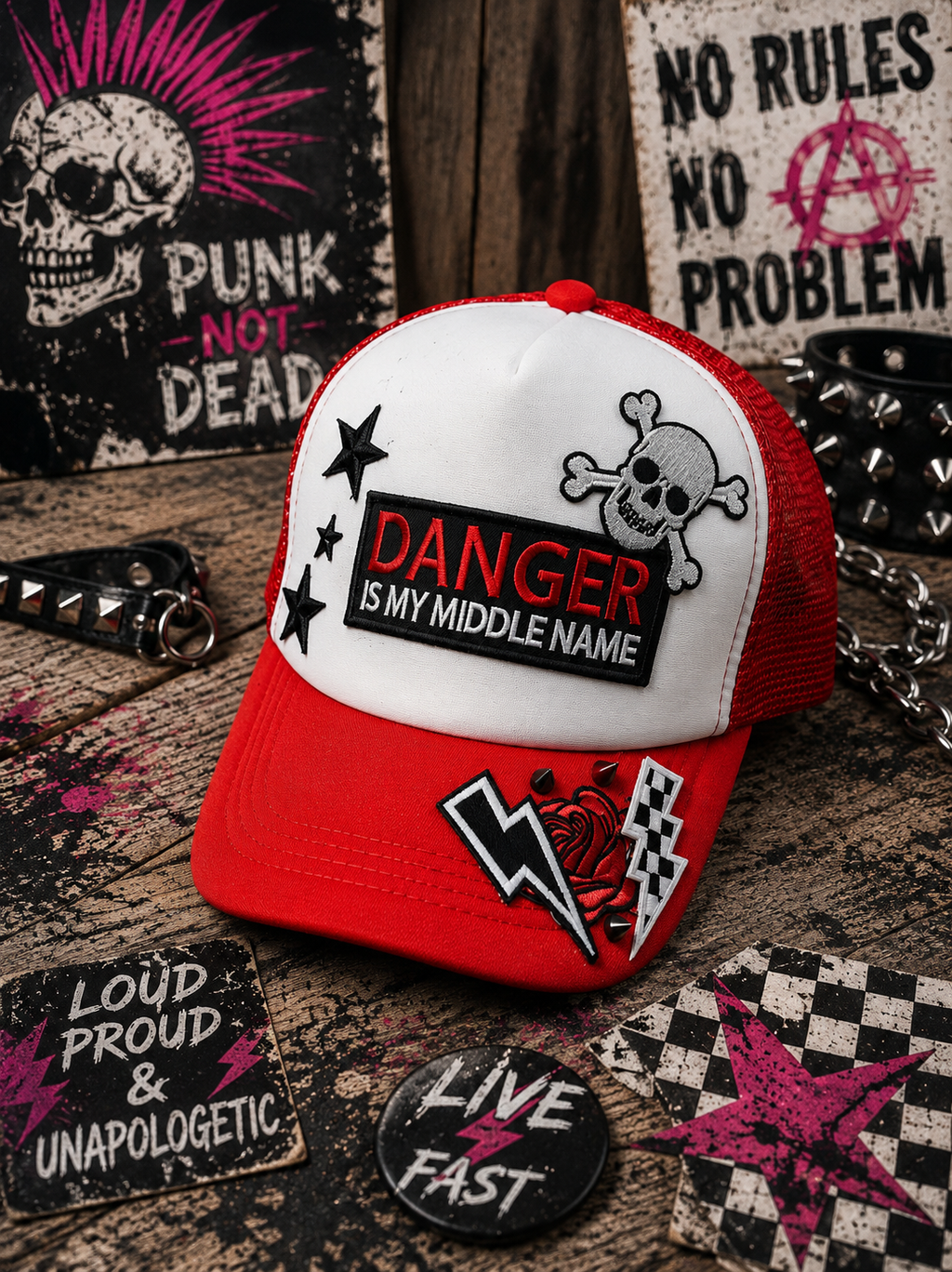 Danger Is My Middle Name Trucker Hat – Red & White Patch Snapback, Edgy Graphic Trucker Cap, Retro Western Biker Hat