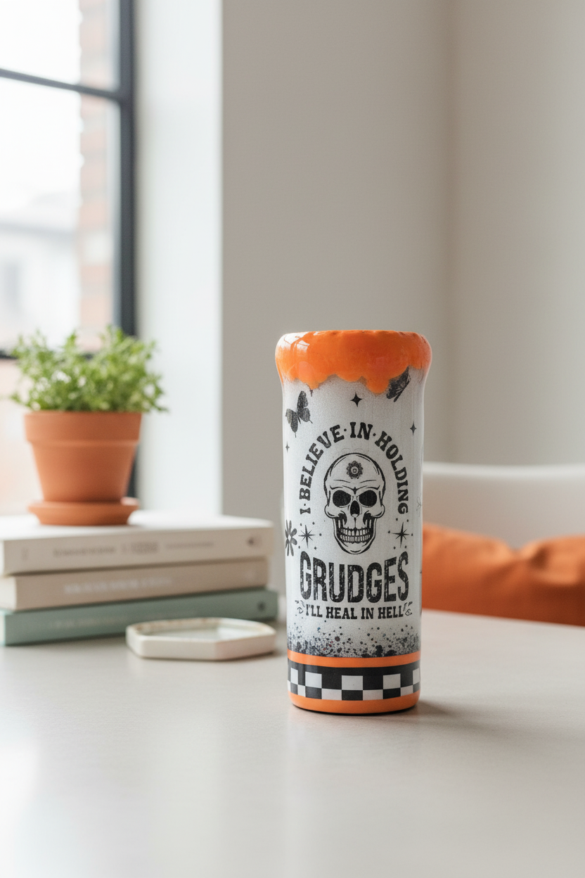 I Believe in Holding Grudges Tumbler 20oz – Heal in Hell Cup, Silver Glitter Epoxy Tumbler, Orange Drip, Funny Sarcastic Gift