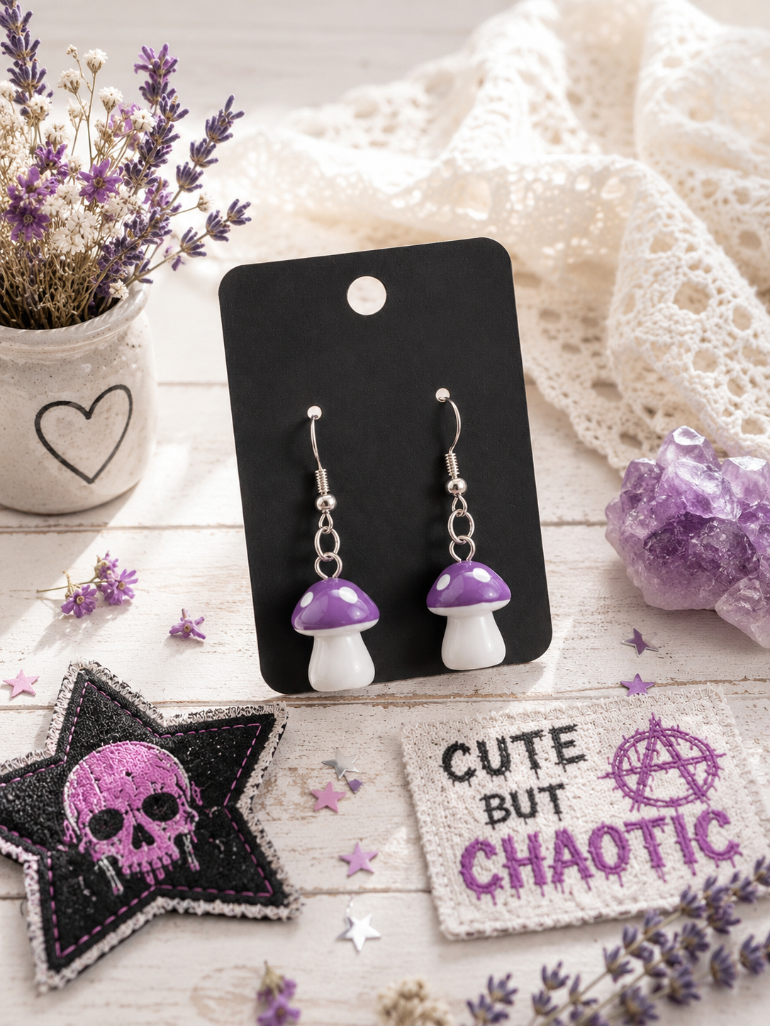 Sassy Purple Mushroom Dangle Earrings | Cottagecore Fairycore Jewelry | Whimsical Handmade Statement