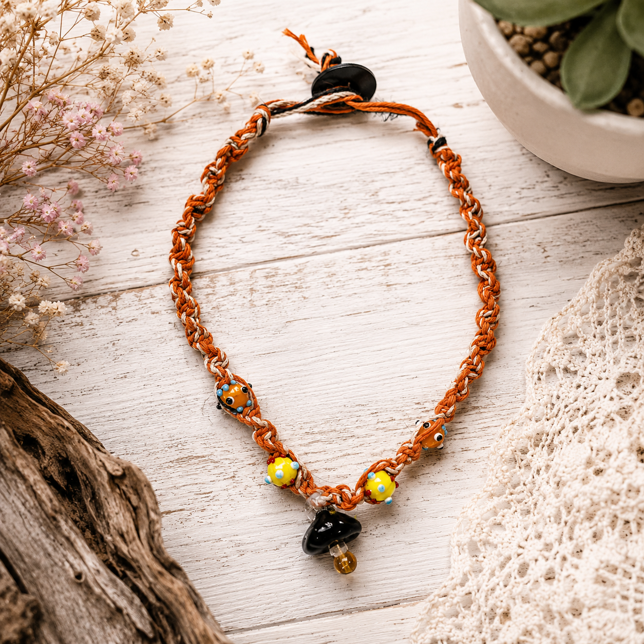Handmade Orange Hemp Necklace with Glass Mushroom Pendant | Boho Hemp Cord Necklace | Cottagecore Jewelry | Nature Lover Gift | Festival Necklace