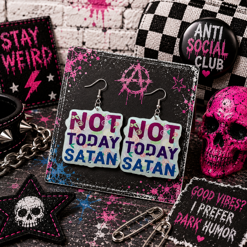 White Pink and Blue Not Today Satan Earrings: Handmade Gothic Witchy Jewelry