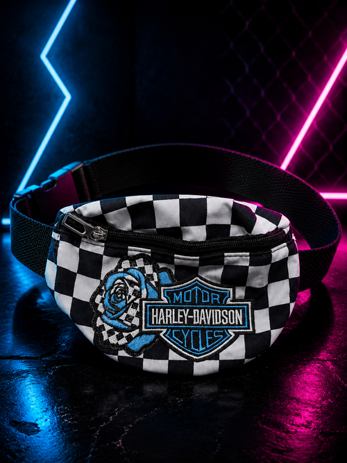 Blue & Black Checkered Bum Bag with Embroidered Motorcycle-Inspired Patch | Adjustable Waist Pack | Festival Bag | Crossbody Fanny Pack | Alternative Style