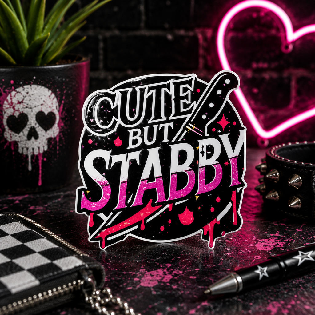 Cute but Stabby Vinyl Sticker | Funny Pink Goth Sticker | Waterproof Laptop, Water Bottle & Tumbler Decal