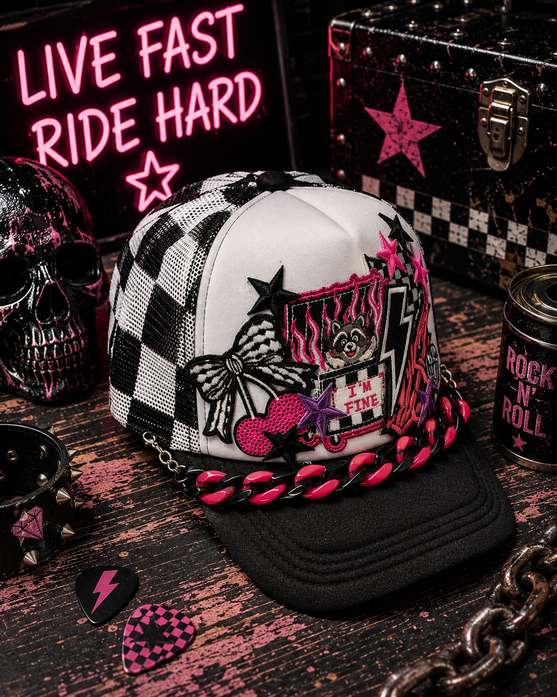 I’m Fine Raccoon Trucker Hat – Black & White Checkered Snapback, Funny Emo Streetwear Cap, Gothic Grunge Alternative Hat