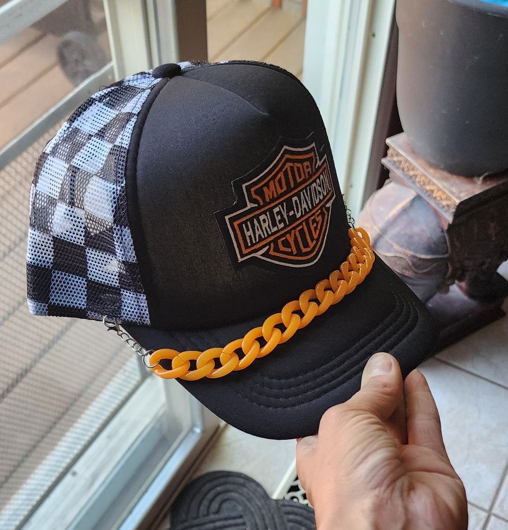HD Checkered Trucker Hat – Black & White Snapback with Orange Hat Chain, Edgy Biker Hat, Western Streetwear Cap