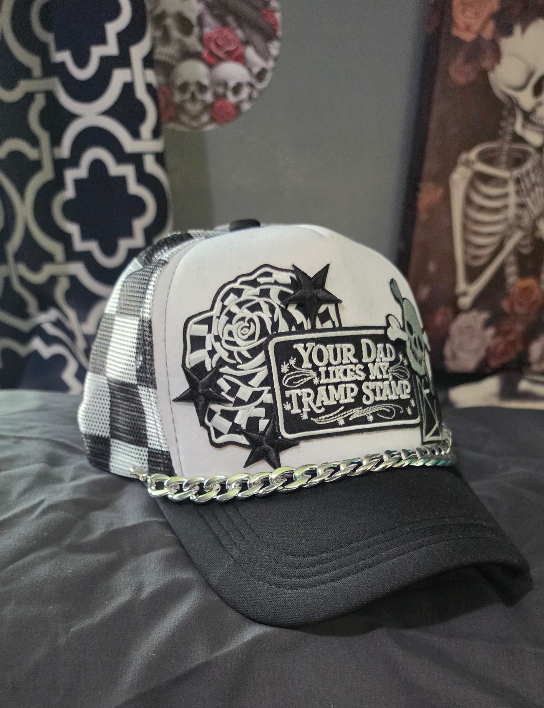Your Dad Likes My Tramp Stamp Black and White Checkered Trucker Hat | Funny Snapback Hat | Retro Mesh Cap | Sarcastic Gift for Her