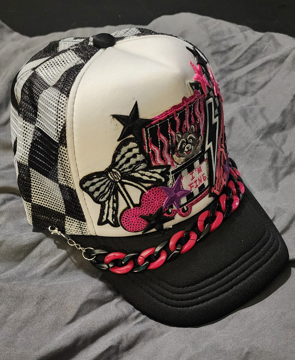 I’m Fine Raccoon Trucker Hat – Black & White Checkered Snapback, Funny Emo Streetwear Cap, Gothic Grunge Alternative Hat