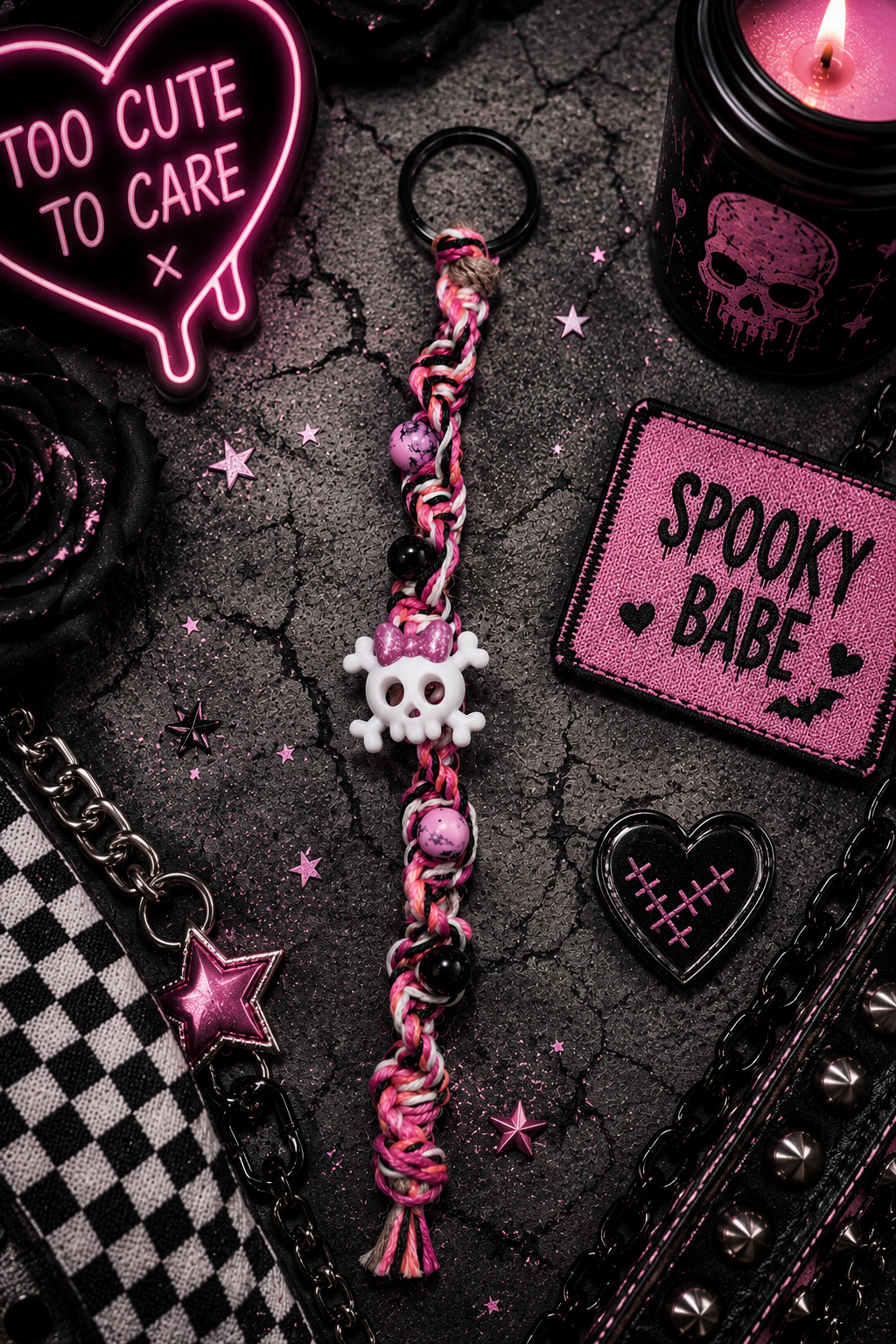 Pink Black & White Hemp Keychain with Skull Charm | Handmade Boho Goth Accessories