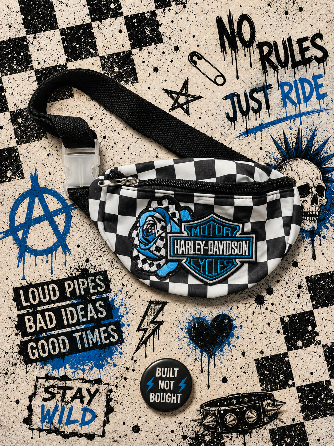 Blue & Black Checkered Bum Bag with Embroidered Motorcycle-Inspired Patch | Adjustable Waist Pack | Festival Bag | Crossbody Fanny Pack | Alternative Style