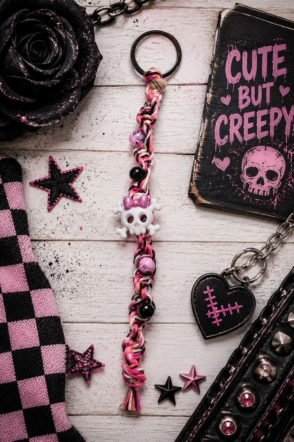 Pink Black & White Hemp Keychain with Skull Charm | Handmade Boho Goth Accessories