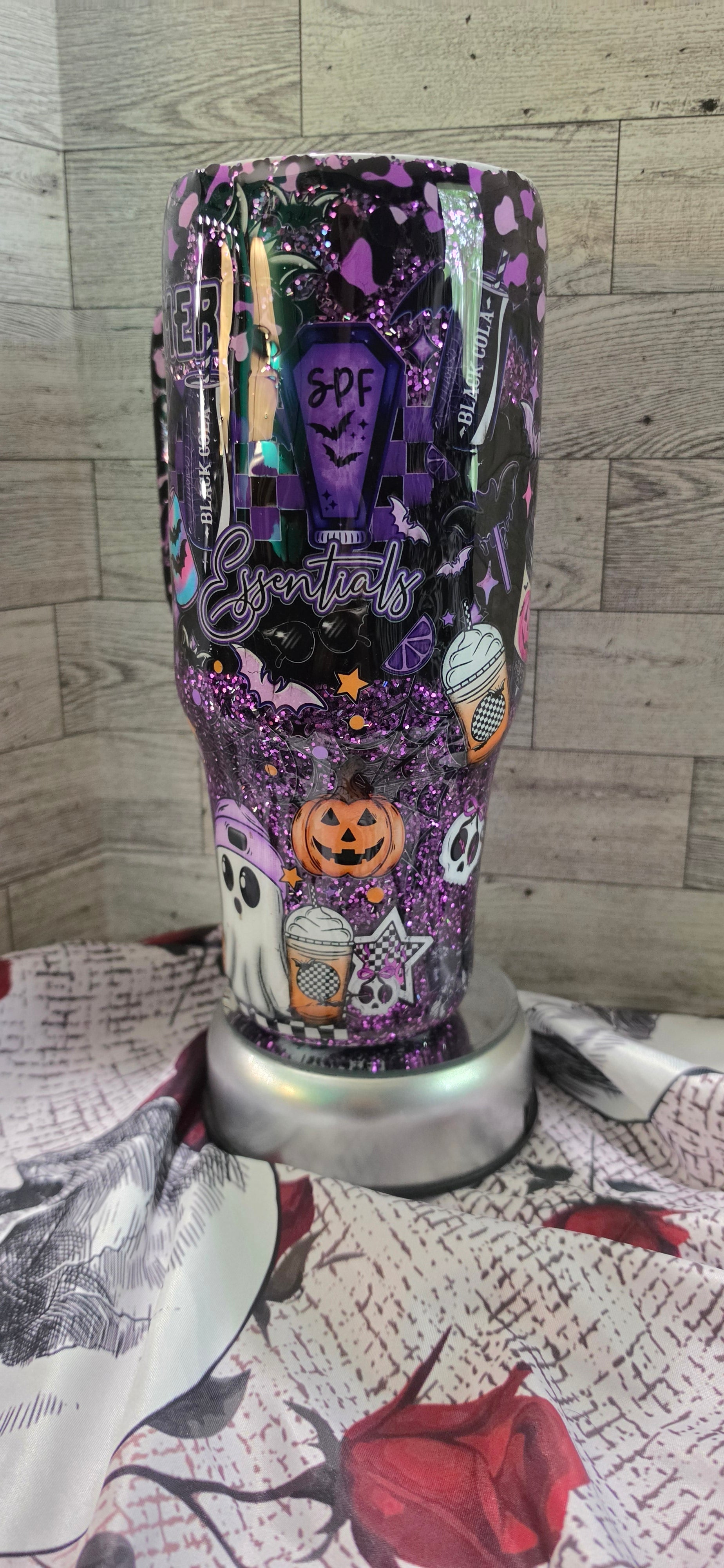 Spooky Summer 40oz Epoxy Tumbler with Handle – Purple & Black Halloween Glitter Cup