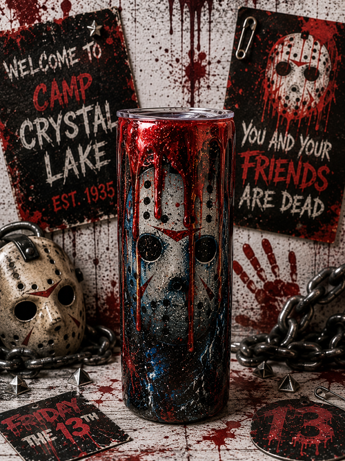 Bloody Jason Epoxy Drip Tumbler – Horror Movie Slasher Cup | Friday the 13th Inspired Drinkware